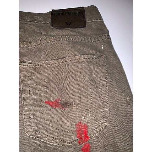 𝅺TRUE Religion Woman’s Jeans Size 26 Boyfriend Slim Mid rise Audrey Green Paint - Picture 9 of 10